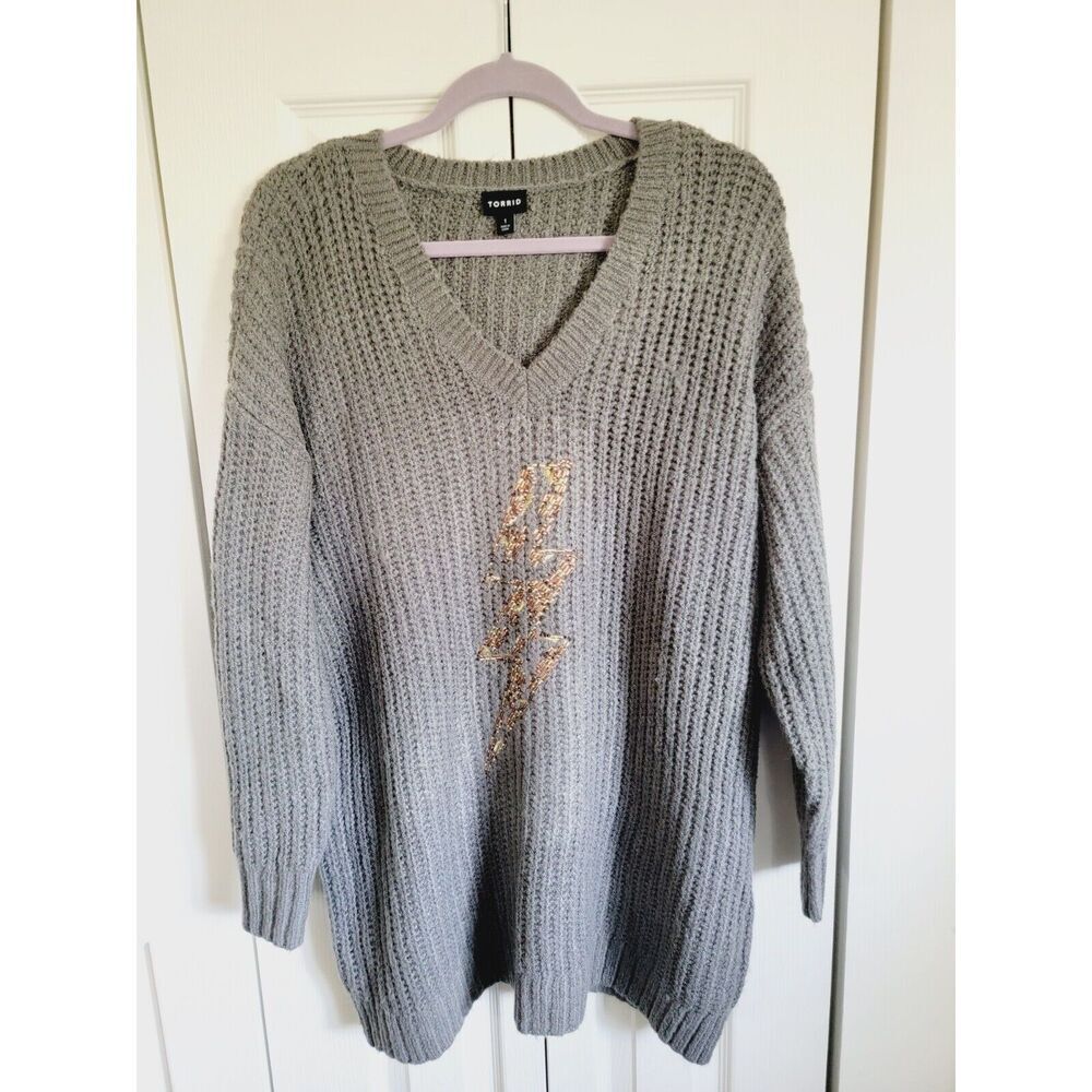 Torrid 1 Gray Cable Knit Heavy Warm Cozy Sweater Pullover Lightning Bolt Beading
